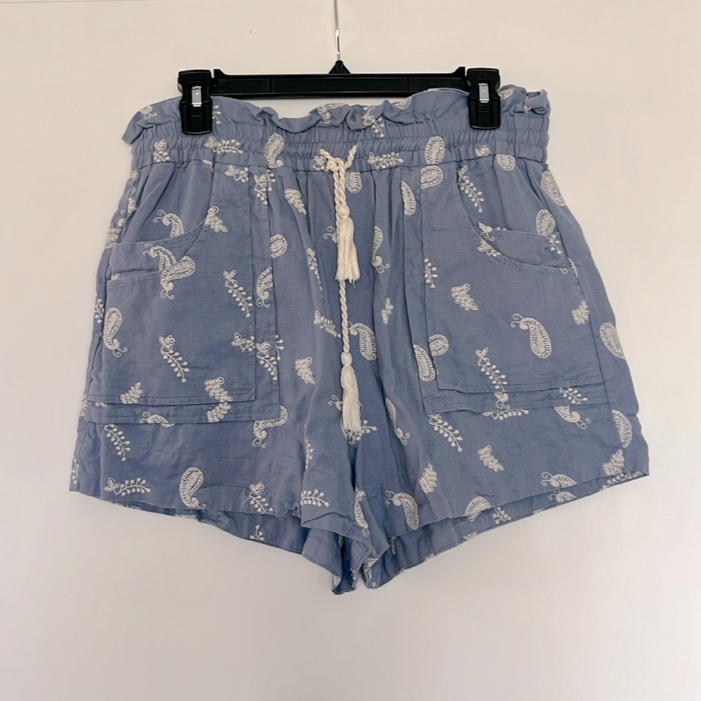 House of Harlow Embroidered Paisley Drawstring Linen Blend Paperbag Shorts